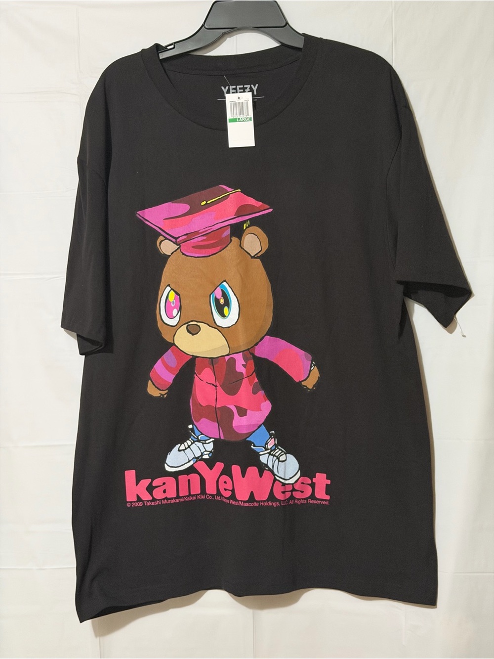 Yeezy Black Tee with Pink Camo Bear Graphic